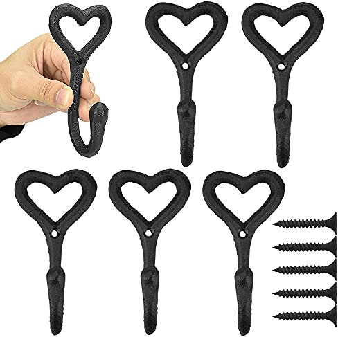 VCRANONR 5 Pz Ganci Appendiabiti Vintage Ganci da Parete in Metallo Gancio Appendiabiti Singolo Gancio a Forma di Cuore Ganci Cappotto Metallo con Viti per Giacche Asciugamani Vestiti Cappelli, Nero