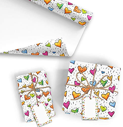15x Geschenkpapier Motiv Herz - 15 große Bogen je 70 x 100 cm - verpackt als eine Rolle - inkl. Passende Geschenkanhänger - Umweltfreundliche Geschenkverpackung - Marke Neuser