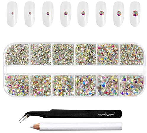 Beadsland 2500 piezas Crystal AB Nailart Rhinestones Crystal Flatback Gems Round Crystal AB Rhinestones Kit 8 tamaños SS4~SS30 con pinzas para recoger y bolígrafo (Clear AB)