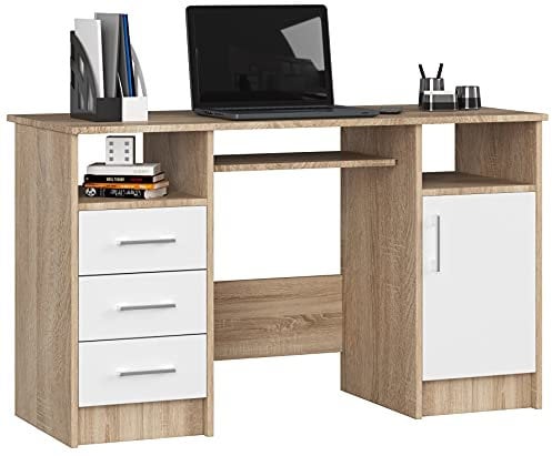 AKORD | Scrivania per PC Ana con Ripiano Per Tastiera | Scrivania per ufficio | Tavolo per computer | 3 cassetti | L124 x A74 x P52 cm, 45 kg | Rovere Sonoma/bianco