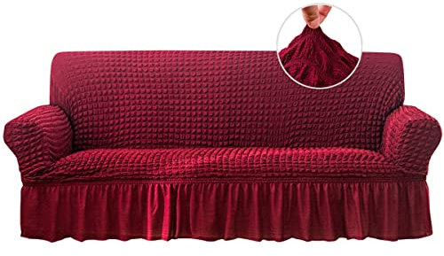 Qubjus Stretch Sofabezug Sofabezüge Waschbar Möbelschutz Sofabettbezug mit elastischem Boden und Rock für Kinder Haustiere (Burgund, groß)
