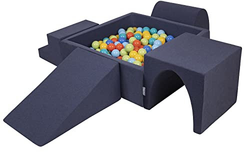 KiddyMoon Spielplatz Aus Schaumstoff Mit Quadrat Bällebad (300 Bälle) Ballgruben Für Babys Spielbad Hindernisläufen, Hergestellt In Der EU, Dunkelblau:Hellgrün/Orange/Türkis/Blau/Bblue/Gelb