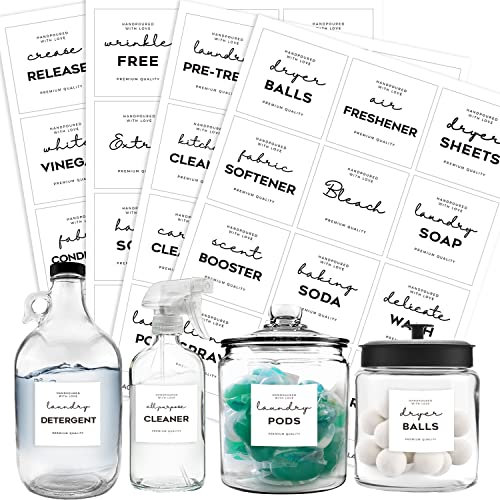 Minimalist Laundry Room Labels Set, v2croft 48 White Matte Stickers on Clear Canisters, Home Organization Stickers for Cabinet & Drawer, Laundry Room, linens & Cleaning Supplies(Water Resistant)