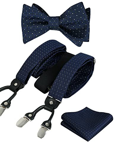 Alizeal Herren Polka Dot Hosenträger und selbstgebundene Fliege mit Einstecktuch im Set,Dunkle Marine