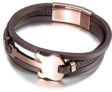 BCughia Bracelet Homme Cuir, Bracelet Tissé Acier Inoxydable Maille Corde Guitare Tressée Multicouche Cadeau Frere