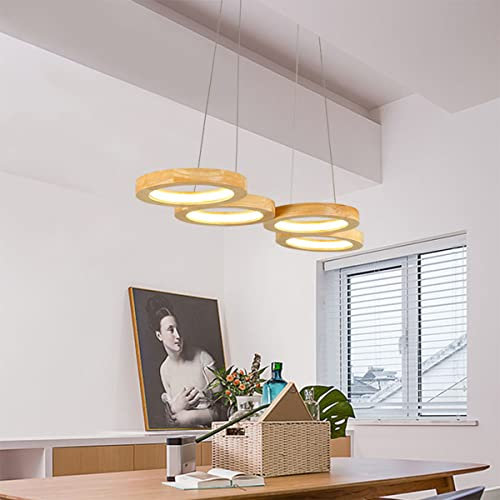 LED Pendelleuchte Dimmbar Holz Hängeleuchte Esstisch Pendellampe Höhenverstellbar Modern Einfach Rund Kronleuchter mit Fernbedienung für Schlafzimmer Wohnzimmer Esszimmer Küche (4 Ringe L75cm)