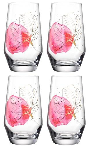 LEONARDO Presente Longdrinkglas Set 4-teilig - Großer Becher aus hochwertigem Glas - Mit Blumendruck - Inhalt 365 ml - Spülmaschinengeeignet - 4er Set Cocktailgläser, 044482