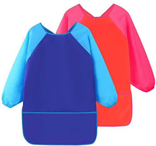 2 Pièces Tablier Peinture Enfant, Blouse de Peinture avec Manches Longues et Poches, Bleu & Rouge Tabliers d'art pour Enfants L'école Activités Peinture Cuisine Artisanat Nourrissage (M 5-10 Ans)