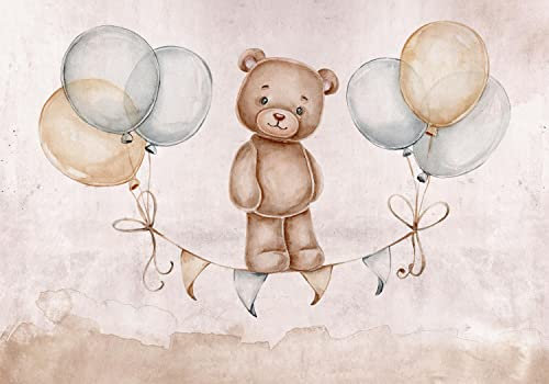 decomonkey Premium Fototapete Bär 350x256 cm Tapete Fototapeten Vlies Tapeten Vliestapete Wandtapete moderne Wand Wandbild Schlafzimmer Wohnzimmer Ballons Kinderzimmer Beige Braun