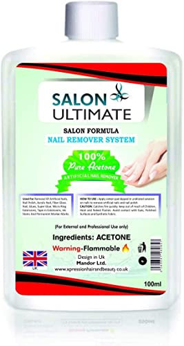 SALON ULTIMATE Professional 100% Pure Acetone Nail Polish Remover, UV/LED GEL Soak Off, Easily & Quickly Removes All Types of Nail Polish, Acrylic Nails, Nail Tip & Glue, 100 ml