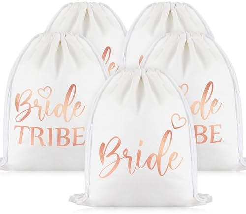 Weewooday 5 Pièces Sacs à Dos Mariage Bride Rose Bronzé et Bride Tribe | 1 Bride Rose Bronzé, 4 Bride Tribe, Cordon de Serrage, Toile, Cadeau Douche Nuptiale et EVJF Fête de Bachelorette