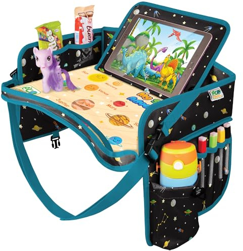 EcoFantasy Reisetisch Auto Kinder mit Tablet-Halter, abwischbar – Weltraum | Wasserdichter Autositz-Organizer mit Becherhalter, Fächern & Taschen – Knietablett für Rücksitz, lange Fahrten & Urlaub