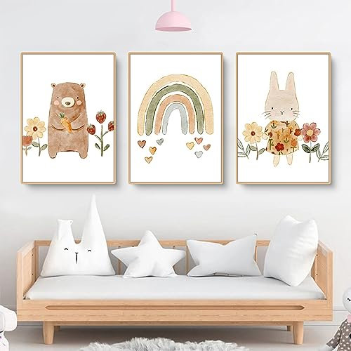 Herfair 3er Set Wandbilder Regenbogen Kinderzimmer Babyzimmer Poster, Bär Kaninchen Bilder Kinderzimmer Boho Deko Bilder Set Junge Mädchen, Ohne Rahmen (21x30cm)