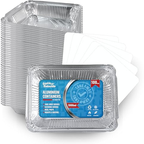Espirito Rebelde 100 Barquettes en Aluminium 1000 ml avec Couvercles | Moules Jetables a Emporter | Emballage Alimentaire pour Barbecues, Congélation