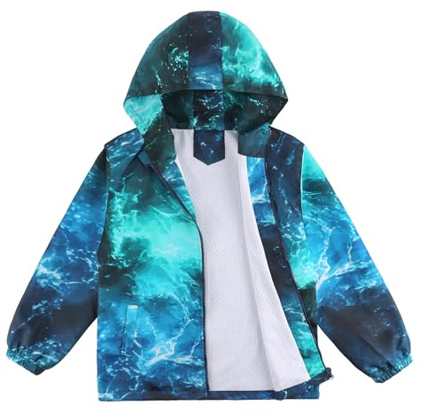 LACOFIA Veste Imperméable Enfant Garçon Veste Coupe Vent à Capuche Blouson de Pluie Léger Doublé de Maille pour Enfants 3~12 ans