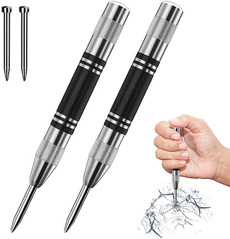 2 Pieces Automatic Center Punch, Automatic Center Punch with 2 Pieces Replacement Tips, Spring Tension Center Punches, Automatic Center Punch Adjustable Impact for Wood, Wall, Metal, Glass