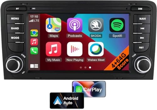 Auto Stereo für Audi A3 8P S3 RS3 2003-2012, Android 13 7 Zoll HD Touchscreen Autoradio mit Navigation, CarPlay, Android Auto, Bluetooth, WLAN, MirrorLink, Lenkradfernbedienung (8core 4GB+64GB)