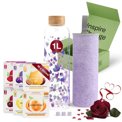 waterdrop® Coffret Dégustation Verre, Bouteille en verre 1 L + 18 Cubes à Boire en 6 saveurs, Aux extraits naturels de fruits et de plantes + vitamines, Sans sucre, Boisson en cube, Gourde d'eau