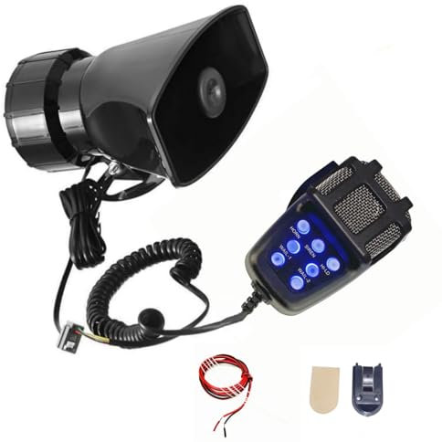 YIYIDA Warnung Alarmhorn Sirene Horn Blaues Licht Knopflicht 130db Car Horn Lufthorn Hooter Notfall Sound Verstärker Auto Sirene mit Mic PA Lautsprecher System 7-Töne Autohupe für 12V Auto Boot ect