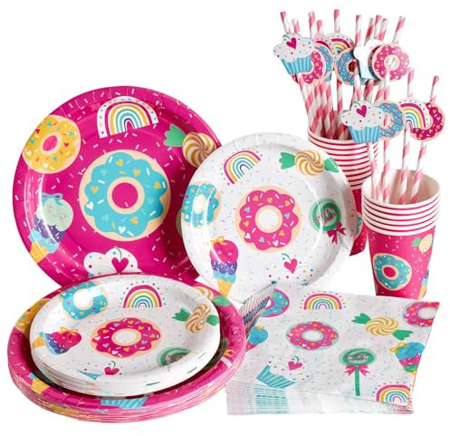 EASY JOY 80 Pcs Candy Party Tableware Set Birthday Party Decorations Candy Theme Paper Plates Napkins Cups and Straws for Girl Birthday Afternoon Tea Wedding Baby Shower