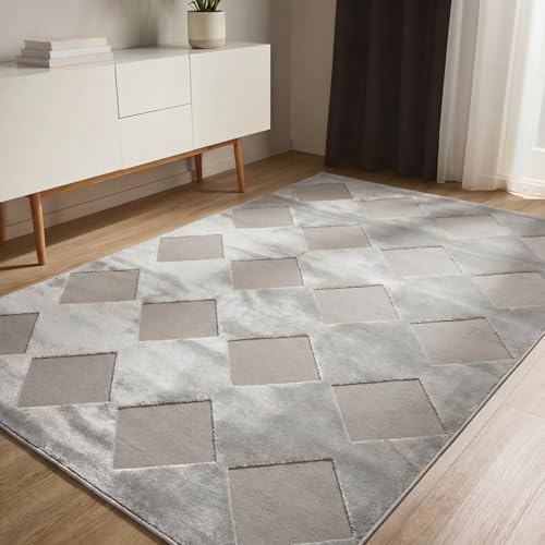 benuta Basic Teppich Claire - Grau 160x230 cm - Minimalistischer Wohnzimmerteppich im Geometrischen Retro-Stil - Pflegeleicht - Fußbodenheizung Geeignet