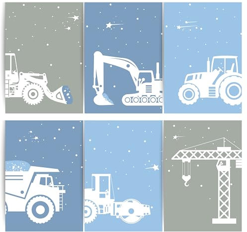 Papierkind™ 6er Poster Set Baustellenfahrzeuge – Bagger Kran Radlader Kipplaster & Walze | DIN A4 Baumaschinen Baustellen in Bilder für Kinderzimmer Wanddeko | Ohne Rahmen (B10)