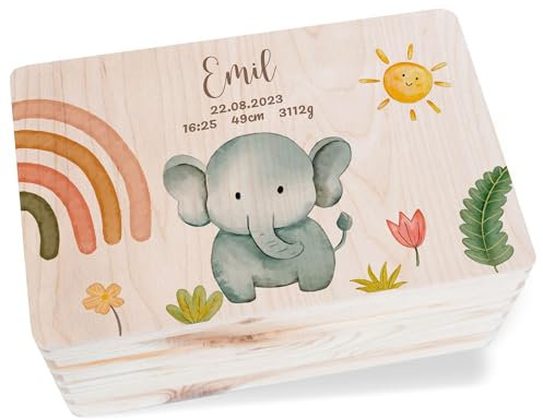 Holz Erinnerungsbox Baby Geschenkbox Holzkiste Baby - Holzbox süßer Elefant mit Name I Geburtstgeschenk Elefanten Geschenk zur Geburt - 30 x 20 x 14 - Holz - erinnerungskiste geschenke für babys