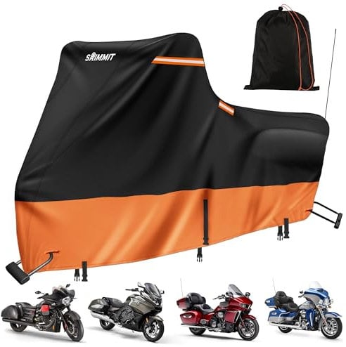 Harley Motorcycle Cover Waterproof Outdoor,420D Motorcycle Covers with Silver Nano Coating,5 Reflective Strips,2 Air Vents,3 Windproof Buckles,Lock Holes,Anti-UV Side Box(108x44x56 Black & Orange)