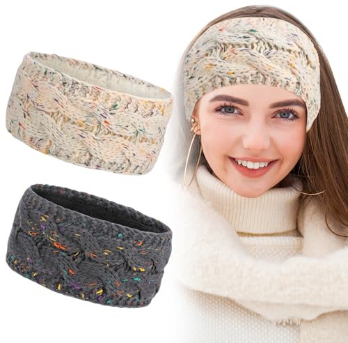 GSrenyu 2 Pcs Knitted Headband Women Winter Headbands Cable Knit Headband Knitted Ear Warmer Headband Knit Headband for Women Thermal Headbands Winter for Women Girls Outdoor Sport(Beige,Dark Grey)