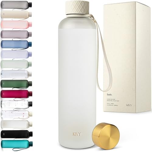 KIVY Tritan Trinkflasche 1l - Kohlensäure geeignet & Auslaufsicher - Für Sport, Schule & Büro - Sport Trinkflasche Gym - Wasserflasche Sprudel geeignet - Sportflasche 1 Liter - Weiß/Gold