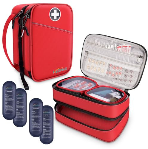 MEDMAX Borsa Termica per Insulina con 4 Impacchi di Ghiaccio, Medicinali Organizzatore da Viaggio, con Custodia Extra per Penne Insulina, Misuratori di Glucosio e altri Diabetici Accessori, (Rosso)