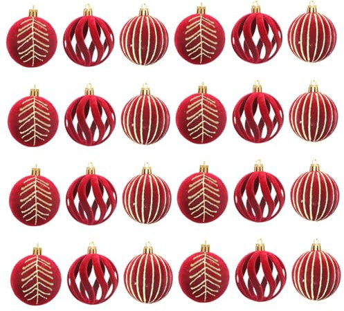 24 Stück Weihnachtskugeln aus Samt 3 Stile 6 cm beflockte Weihnachtskugel-Ornamente hängende Weihnachtsdekoration aus Samt für Weihnachtsbaum Kranz rot