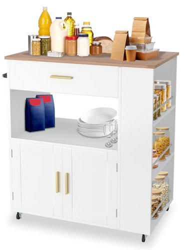 VA-Cerulean Carrito de cocina con isla, cajón y encimera, armario con ruedas, color blanco, 75 x 46 x 92,5 cm