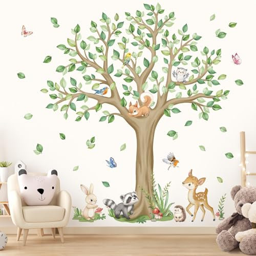 wondever Stickers Muraux Enfants Arbre Grand Autocollants Muraux Mural Stickers Animaux des Bois Cerf Écureuil Hibou pour Chambre Enfants Bébé Pépinière Salon