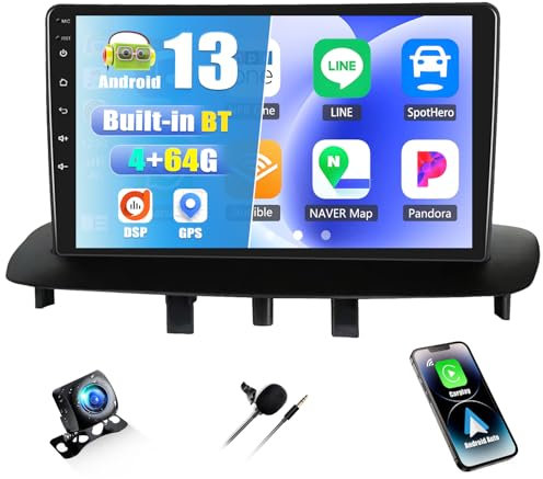 CAMECHO 4+64G Android 13 Autorradio para Renault Megane 3 Fluence 2 (2008-2014), 9 Wireless Carplay Bluetooth 5.0 DSP Radio con Android Auto GPS WiFi FM/RDS Mirror Link SWC +Cámara Trasera Canbus