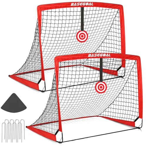 Porte da Calcio per Giardino, Porta da Calcio 120x90cm, Porticine Da Calcio con Aste In Fibra di Vetro e Reti di Alta Qualità, Bullseye e Borsa per Giardino e Gioco per Interni (Rosso)