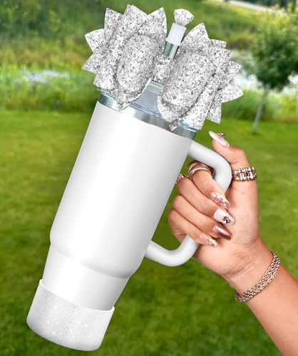 OffiEase Bow Accessories for Stanley Cup 40 30 oz - Sliver White Bow Straw Cover Lid Topper Diamond Caps Silicone Boot Sleeve Decor for Stanley Water Bottle Tumbler