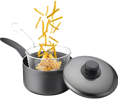 23cm Chip Pan Deep Fat Fryer Set | 9 Inch 3pc Durable Non-Stick Black Chip Pan with Plastic Handles | Pot + Lid & Basket | Home | Food Ideal for Home & Pro Cooking (4.5 litres)