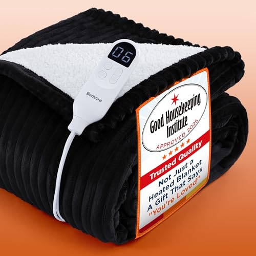 Bedsure Electric Blanket Heated Throw - Ribbed Flannel 130x160cm, Black | Ribbed flannel with 6 heat settings and 10-hour timer with fast heating and overheat protection