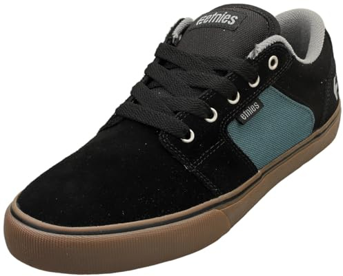 Etnies Barge LS – Classic Skate Look, Slim Vulcanized Silhoutte, Hefty Armored Collar, Reinforced Vulc - Black/Teal - 8