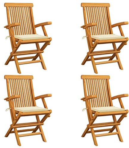 Xichuzi Gartenstühle mit Cremeweißen Kissen, Gartenmöbel, Balkonstühle, Hochlehner, Balkonmöbel, Bistrostuhl, Garten Stühle, Sit Möbel, Armlehnenstuhl, 4 STK. Teak Massivholz