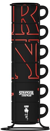Bialetti Set mit 6 stapelbaren Espressotassen Stranger Things – Leuchtend im Dunkeln, fluoreszierend, nicht spülmaschinengeeignet, je 80 ml, Schwarz