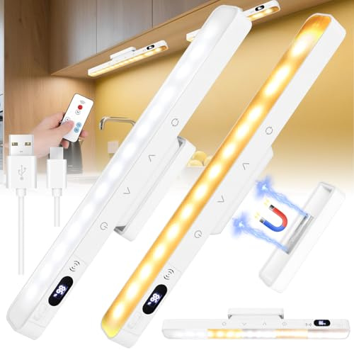 2 luces LED para debajo de los muebles de cocina, batería con mando a distancia, recargable, 5 temperaturas de color, iluminación táctil regulable para armario, armario, baño, espejo