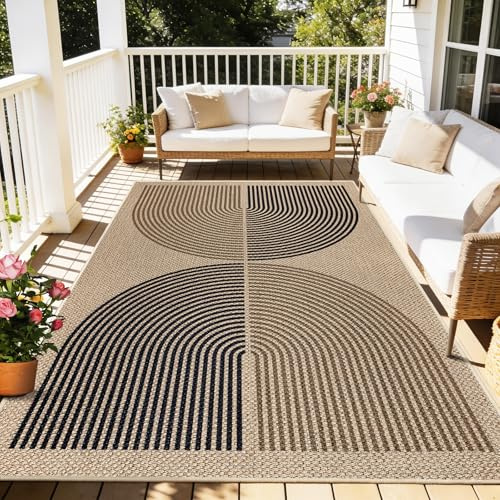 Capslpad Outdoor Teppich 160x230cm, Jute Aussehen Wetterfest, rutschfest Flachgewebe Waschbar Teppiche, Robust Küchenteppich für Wohnzimmer, Balkon, Terrasse, Küche, Garten, Farbe:Schwarz Braun