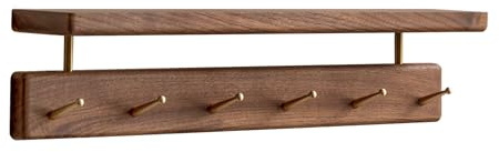YESWOOD Wandgarderobe aus massivem Nussbaum, 2-in-1 Wandregal & Garderobe, Garderobenleiste für Kleidung, Hüte und Handtücher, 6 Messinghaken, Walnuss