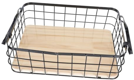 Küchen Aufbewahrungskorb Rechteckig mit Griffen aus Eisen und Holz | Schwarze Tischablage, 1 Stück, für Kleine Küchenutensilien und Schreibwaren, Stabil