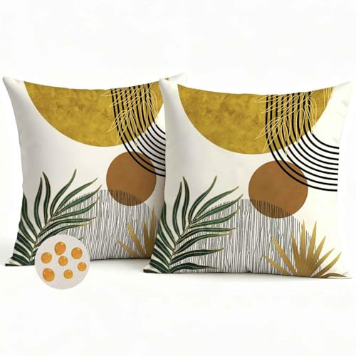 Avalune Outdoor Kissenbezug 40x40 Wasserfest Kissen Bezug Gelb Beige Dekokissenhülle Wasserdichtes Boho Geometrische Tropische Blätter Gartenkissen Kissenbezüge für Garten Sofa Terrasse 2er Set