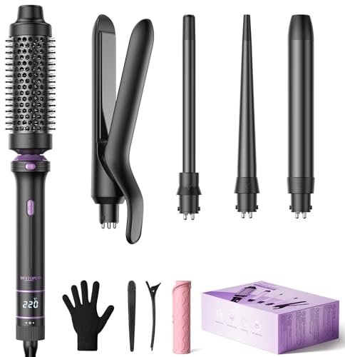 BESTOPE PRO 5 in 1 Curling Wand Set, Ceramic Interchangeable Barrels with Thermal Brush & Straightener, 13 Temp LED Display, Heat Resistant Accessory Kit