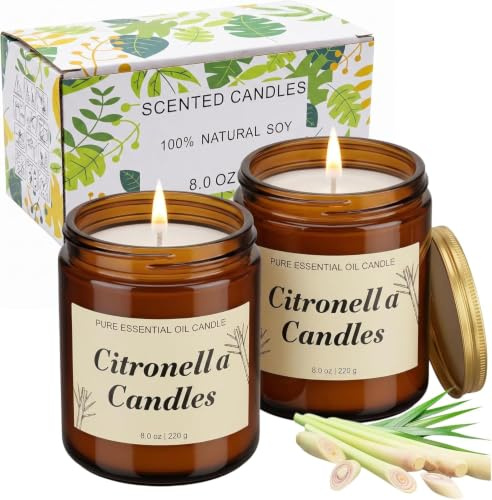 Citronella Kerze Outdoor 2er Set, Sojawachs Duftkerze im Glas, Draußen Zitronella Kerzen, Citronella Duftkerze Kerze für Garten, Balkon und Camping, Garten,Terrasse, Picknick,Sommer Geschenk