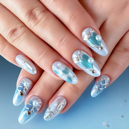 Lot de 30 faux ongles en ABS avec dégradé bleu et perles en forme d'amande à coller rapidement pour les débutants